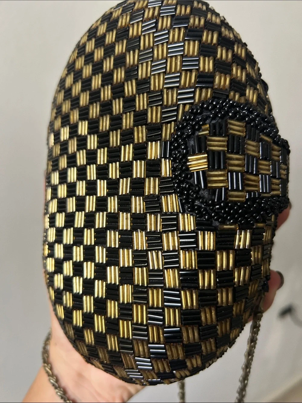 Vintage Beaded Black & Gold Oval Crossbody Bag